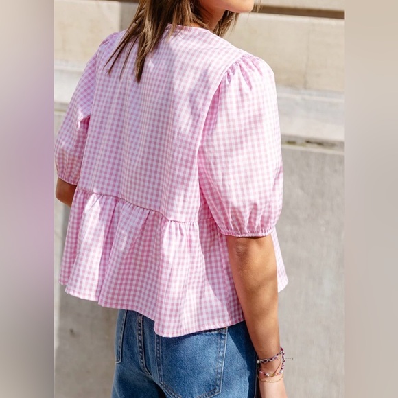 Amazon gingham print white/pink ties in front puff sleeve - medium - Picture 2 of 6